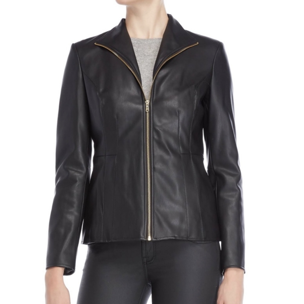 Cole Haan | Black Vegan Leather Gold Zipper Timeless Jacket Women's Size M - Picture 1 of 6